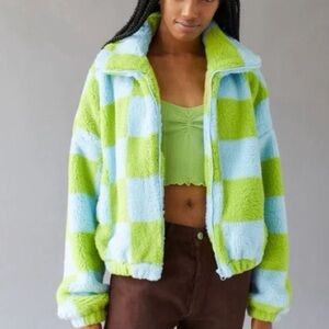 Urban Outfitters Olivia Print Sherpa Jacket Turquoise Green checkered XS